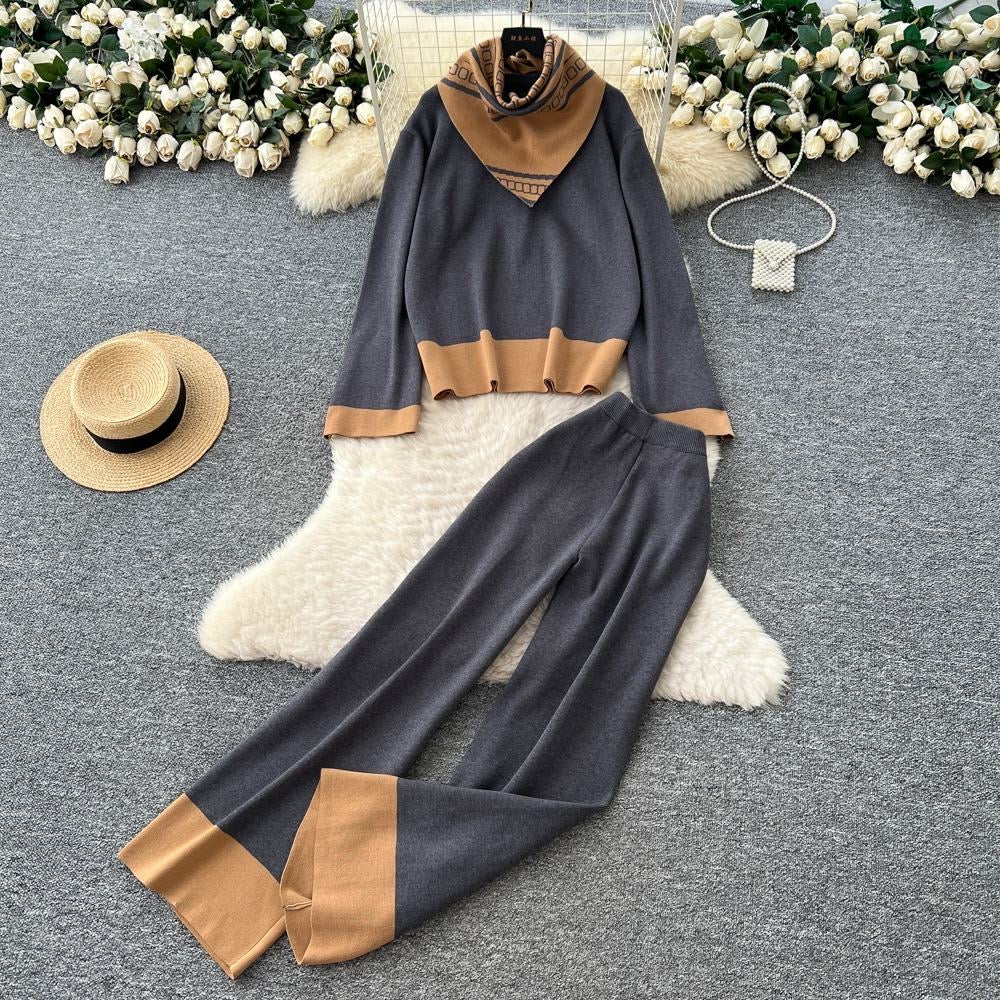 Two Tone Woolen Knit Set With Contrast Scarf FT410
