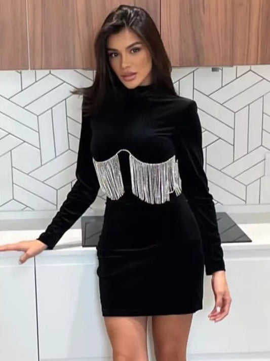 Beautiful Velvet Tassels Dress FT185
