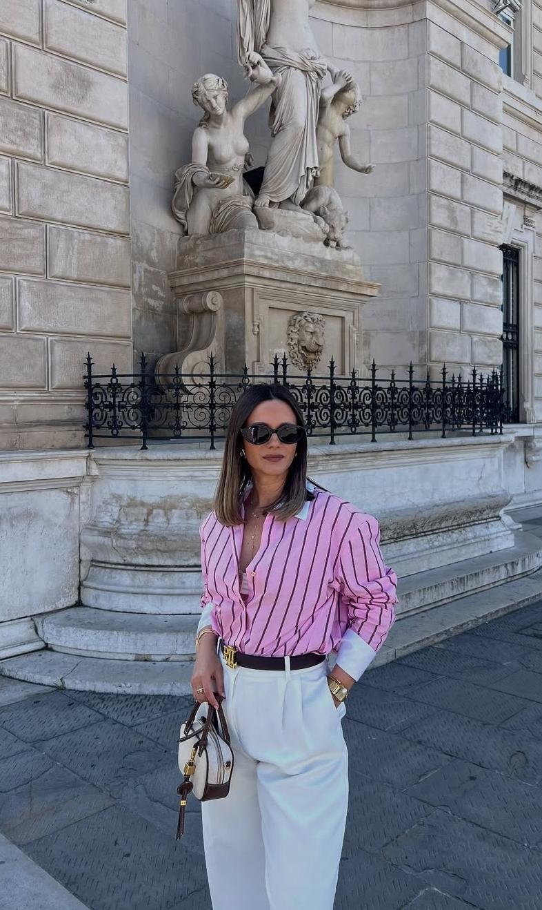 Oversized Striped Shirt Featuring Contrast Cuffs And Collar FT718