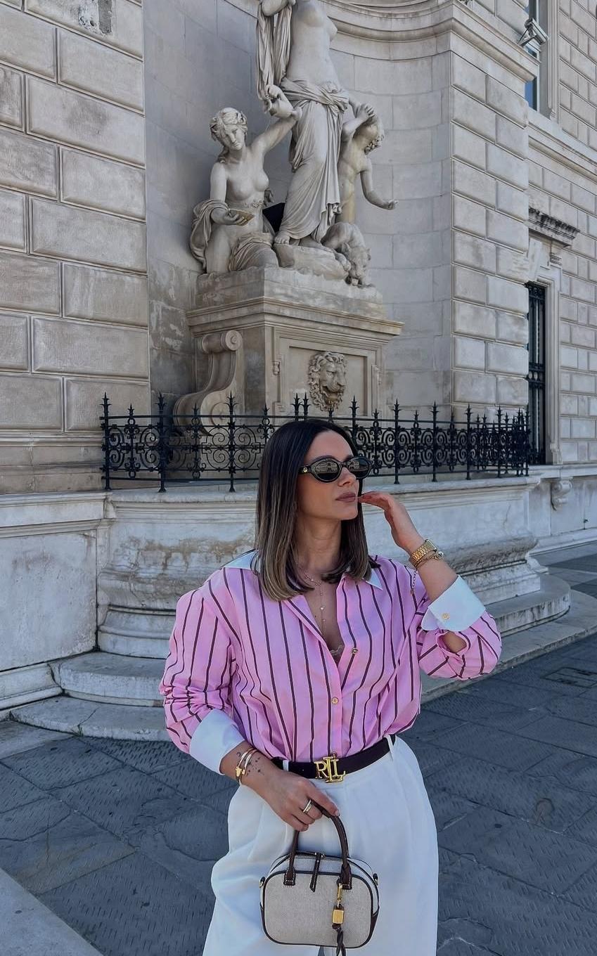 Oversized Striped Shirt Featuring Contrast Cuffs And Collar FT718