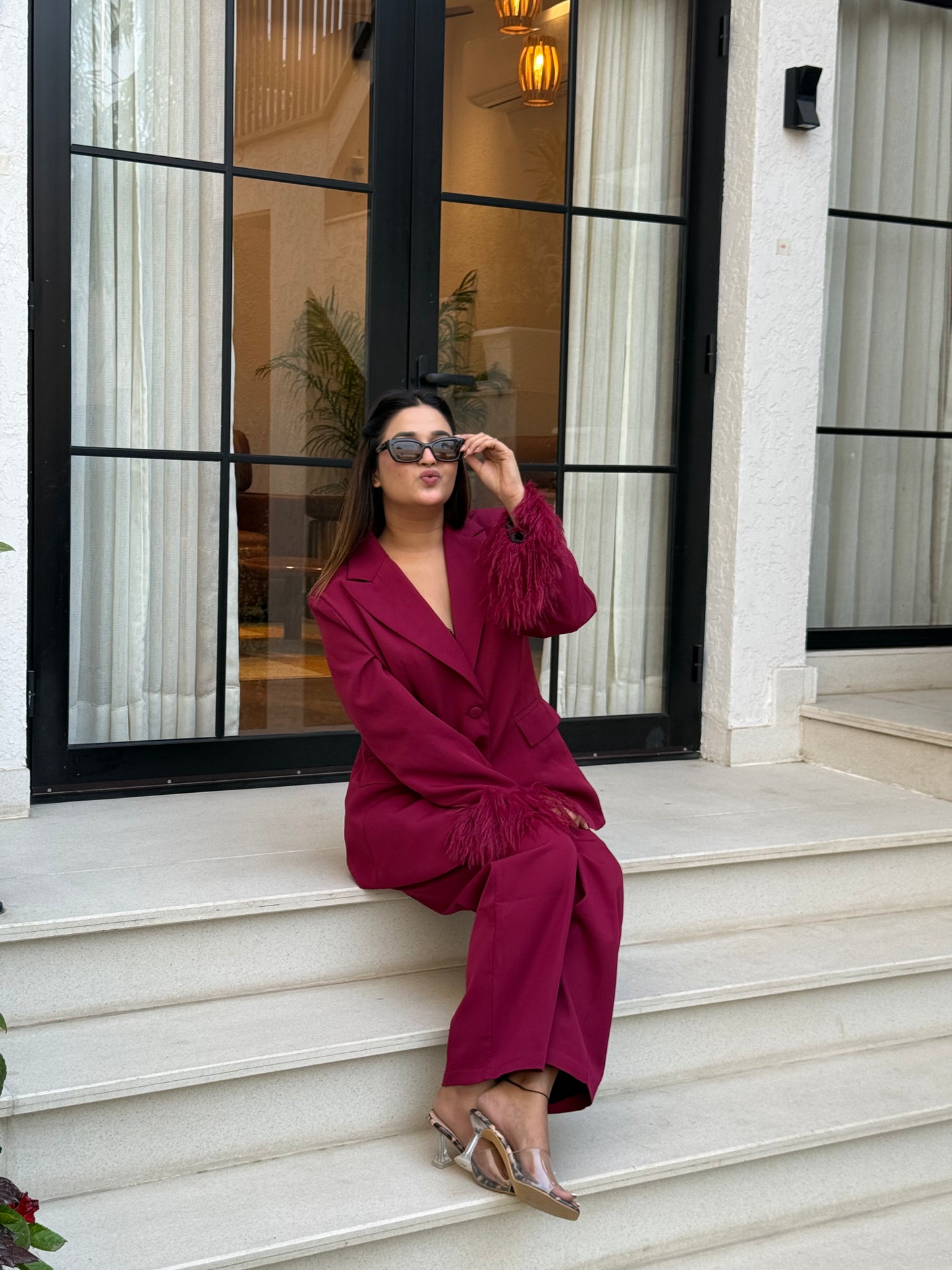 Burgundy Feather Blazer FT486