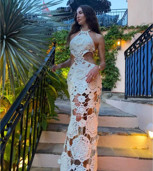 Perfect Halter Neck Crochet Cutwork Beach Dress FT019