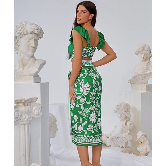 Ruffle Green Swimsuit and Sarong FT020