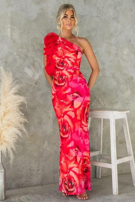 Side Ruffled Flower Print Dress FT095