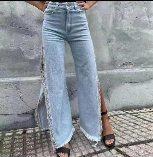 Straight Denim Pant With Rhinestone Fringe Trim Split On The Side FT078
