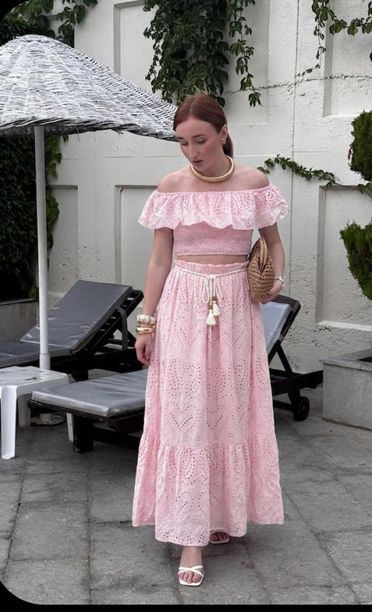 Off Shoulder Eyelet Skirt Set FT799