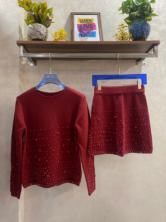 Pearl Embellished Knitted  Skirt Set FT236