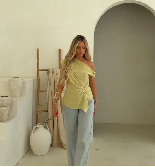Stunning One Off Shoulder Asymmetric Satin Top FT290