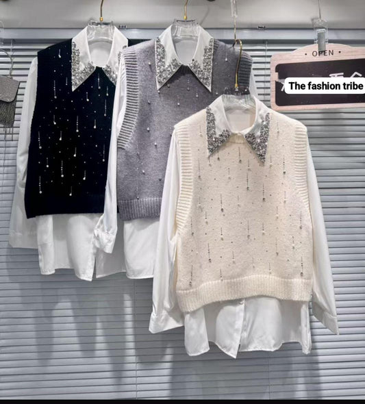 Embellished Shirt With Sweater FT305