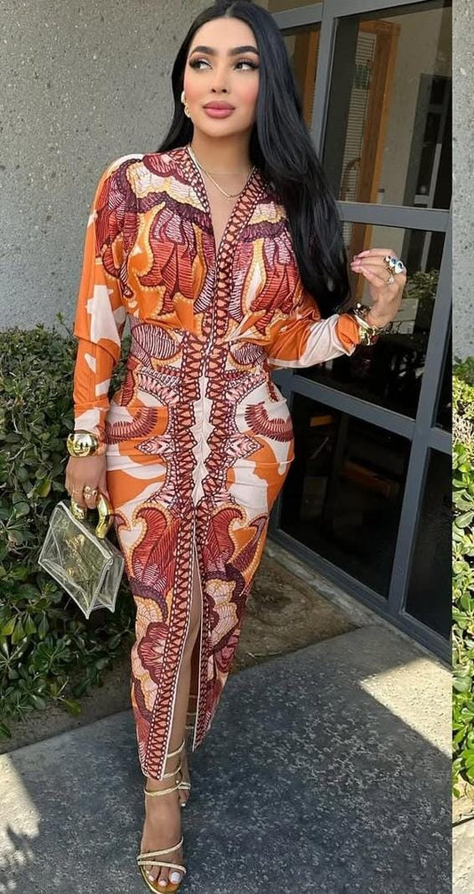 Printed v neck bodycon dress FT313