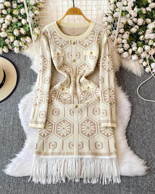 Woolen Buttoned Fringes Dress FT322