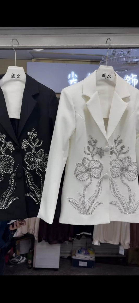 Elegant Floral Embellished Blazers in Black and White FT330