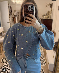 Denim Metallic Rivet Puff Sleeve Jacket FT358