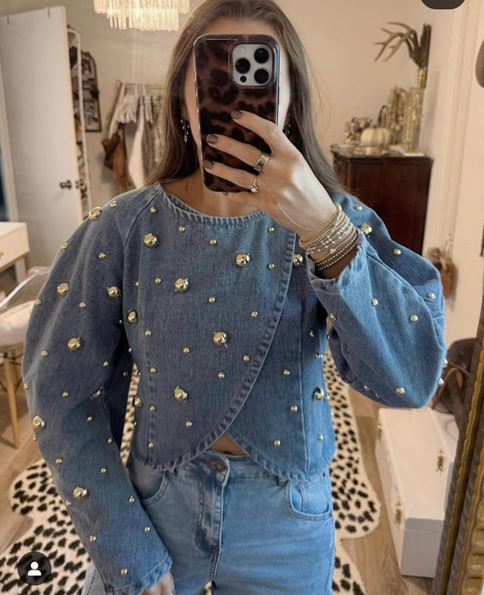Denim Metallic Rivet Puff Sleeve Jacket FT358