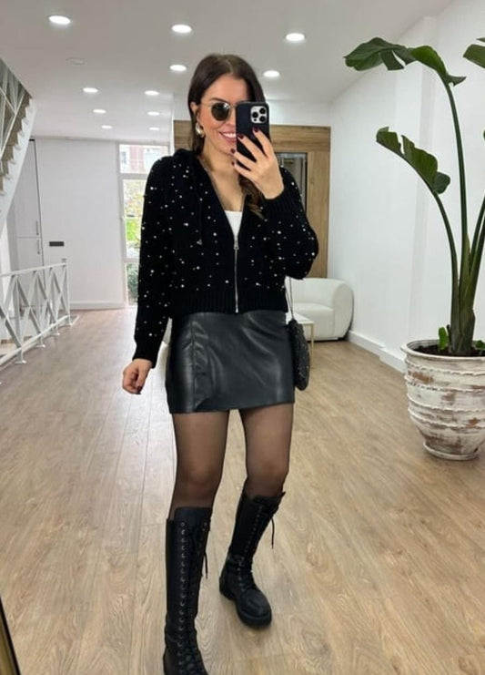Metal Pearl Woolen Hooded Zipper FT371