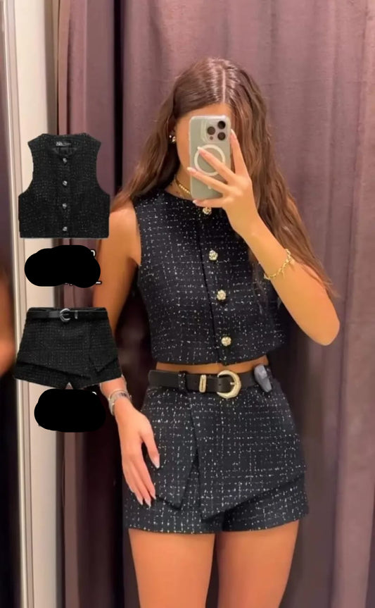 Textured Top and Shorts With Belt FT378