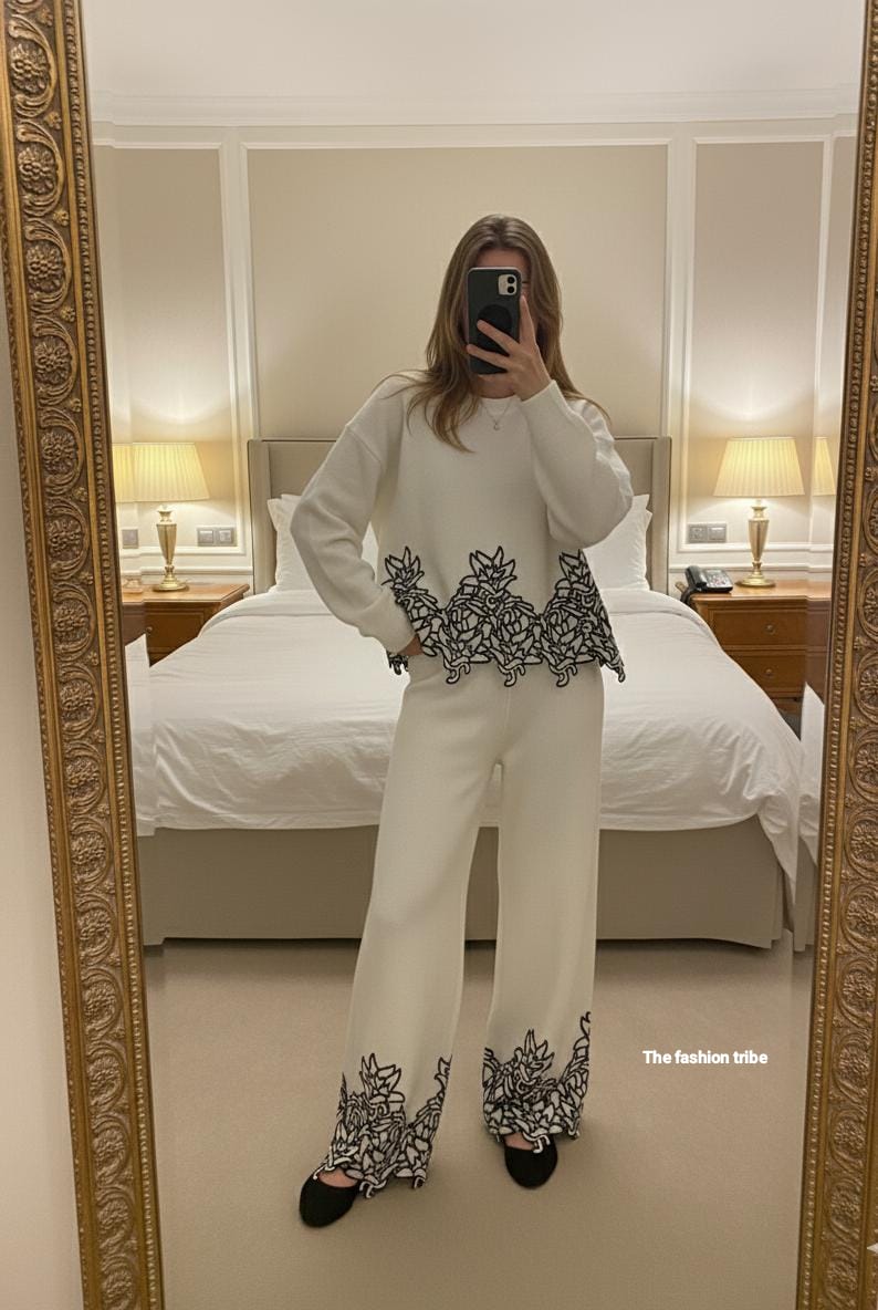 Embroidered Cutwork Wool-Blend Lounge Set FT406