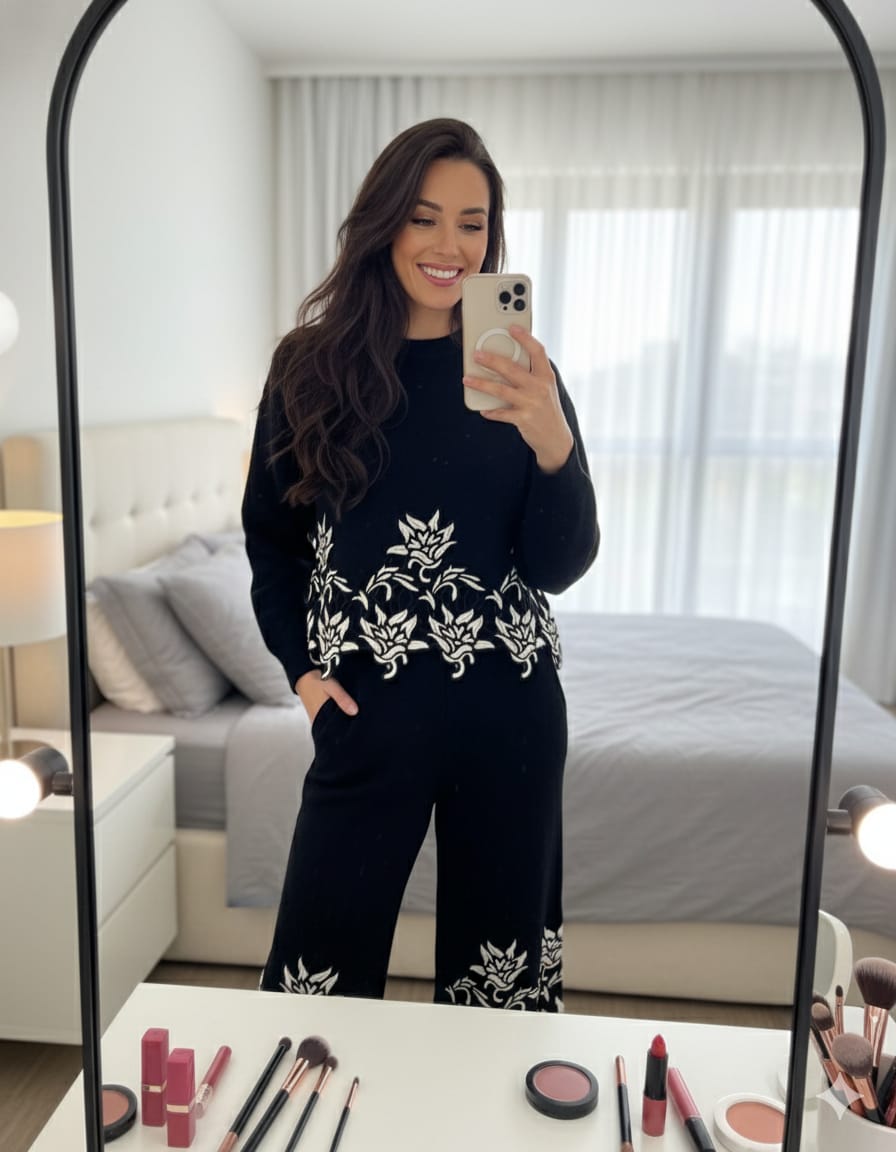 Embroidered Cutwork Wool-Blend Lounge Set FT406