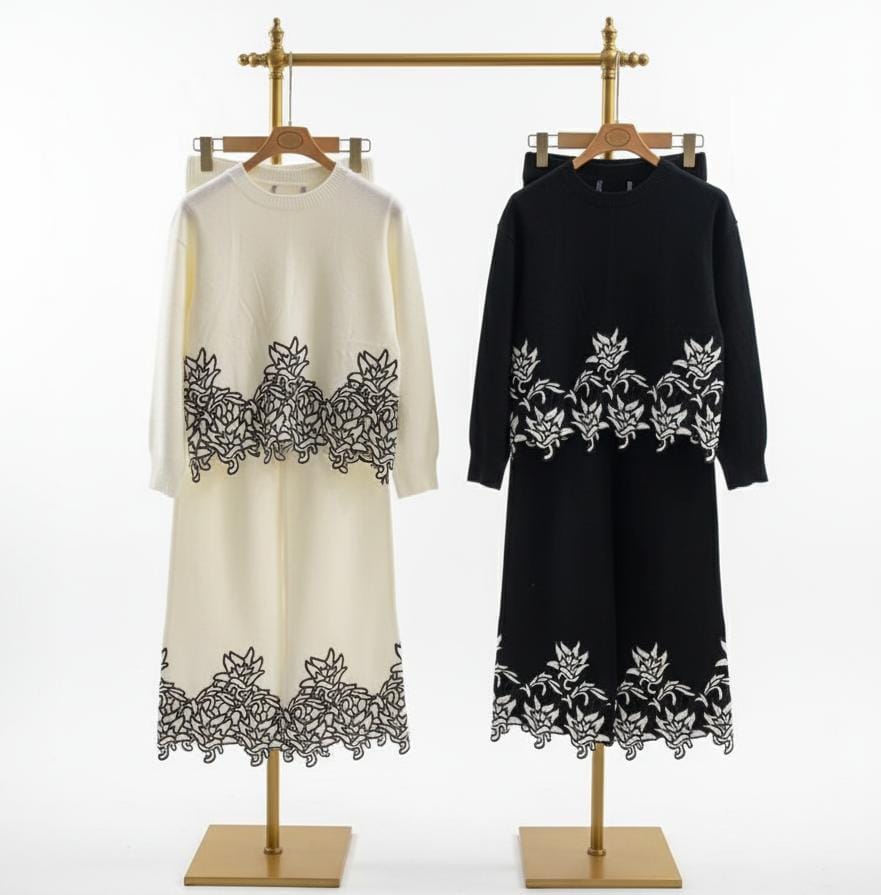 Embroidered Cutwork Wool-Blend Lounge Set FT406