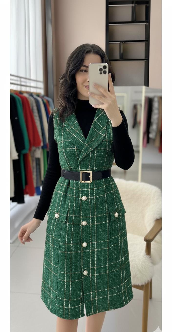 Tweed Textured Dress With Warm Inner and Belt FT404