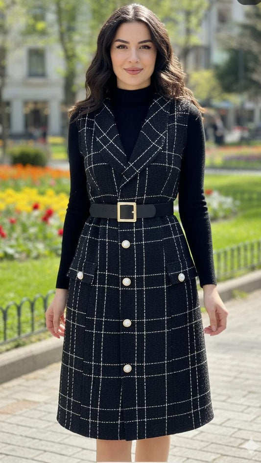 Tweed Textured Dress With Warm Inner and Belt FT404