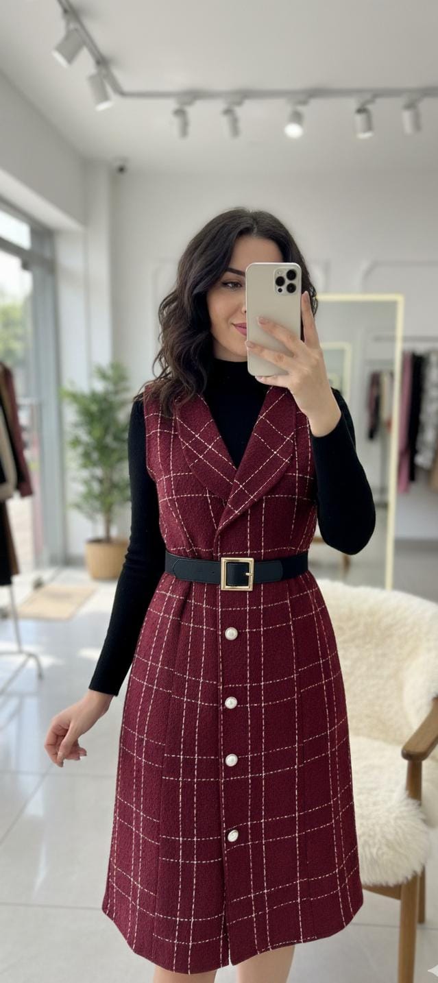 Tweed Textured Dress With Warm Inner and Belt FT404