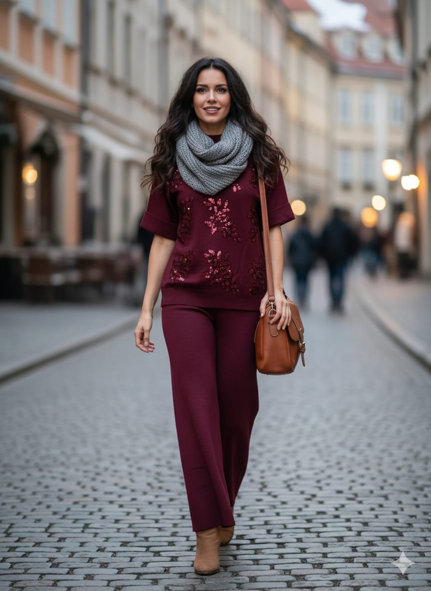 Stunning Floral Sequin Woolen Co-Ord Set FT402