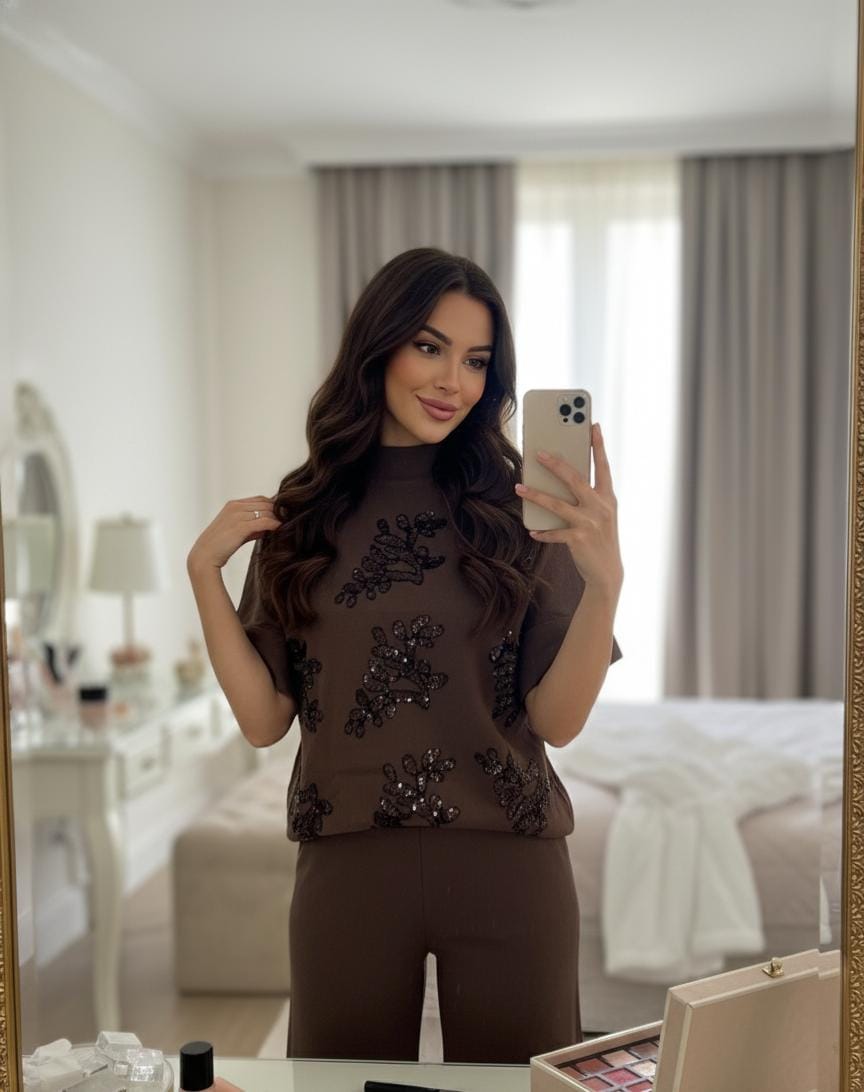 Stunning Floral Sequin Woolen Co-Ord Set FT402