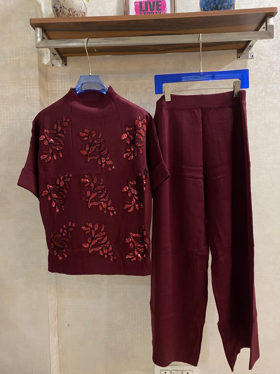 Stunning Floral Sequin Woolen Co-Ord Set FT402