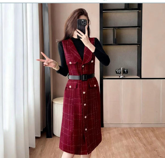 Tweed Textured Dress With Warm Inner and Belt FT404