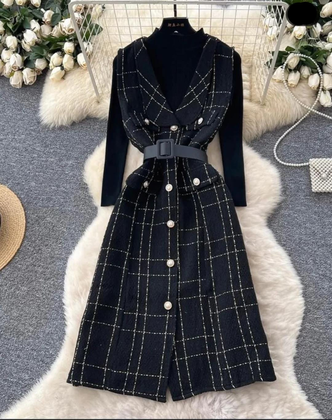 Tweed Textured Dress With Warm Inner and Belt FT404