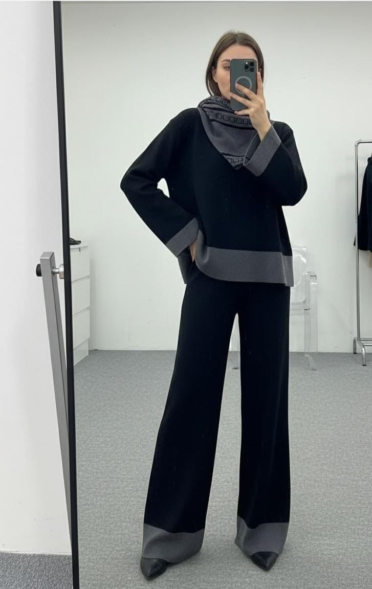 Two Tone Woolen Knit Set With Contrast Scarf FT410