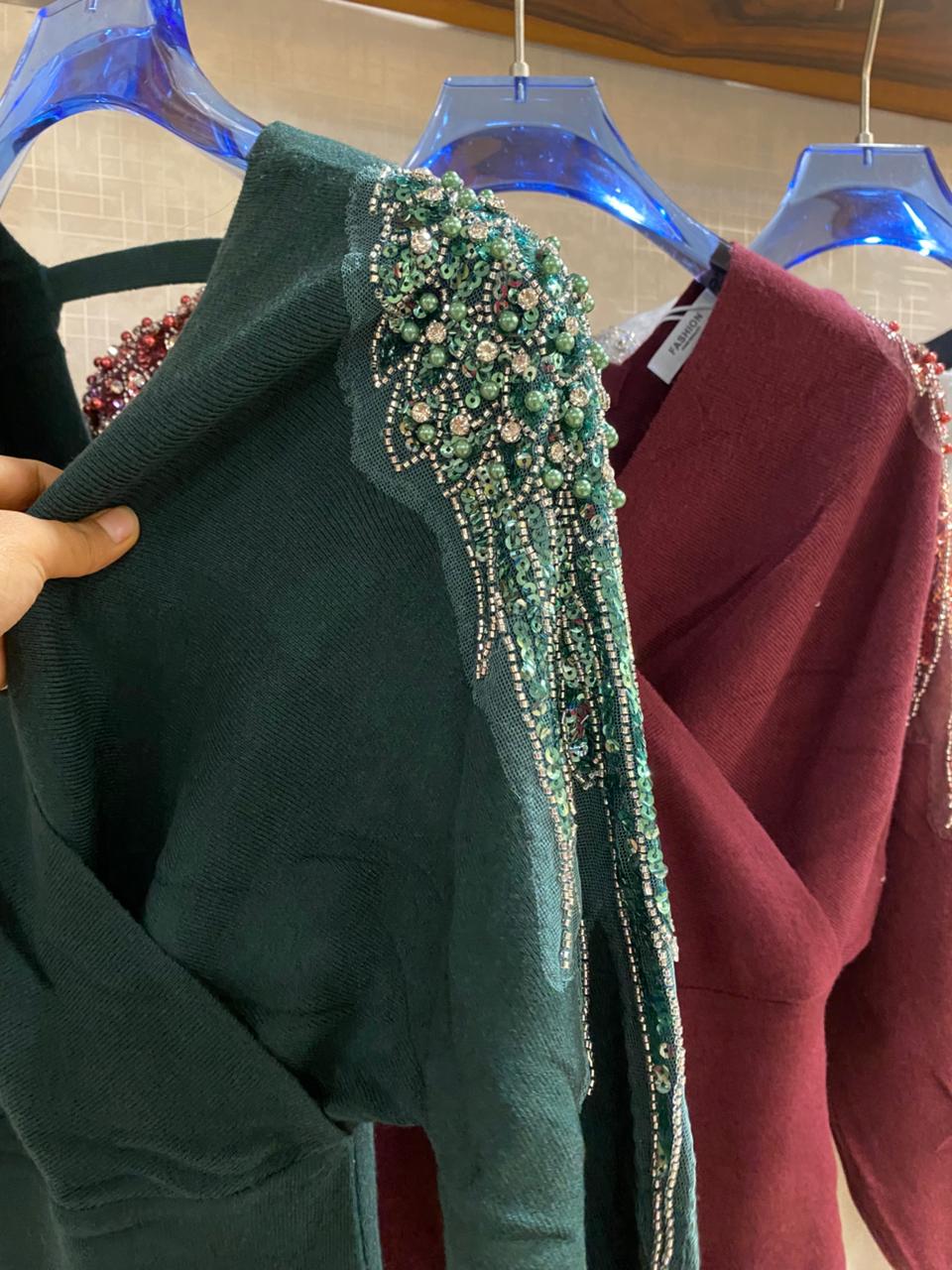 Premium Shoulder Embroidered Woolen Dress FT413