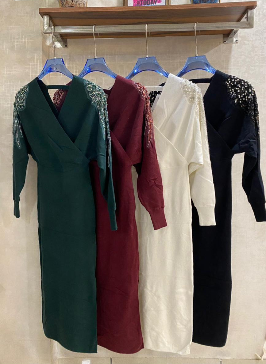 Premium Shoulder Embroidered Woolen Dress FT413