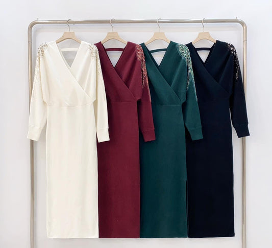 Premium Shoulder Embroidered Woolen Dress FT413