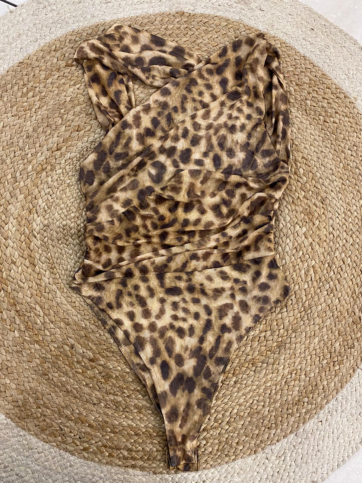 Tulle Assymetric Leopard Print Bodysuit Stretchable FT431