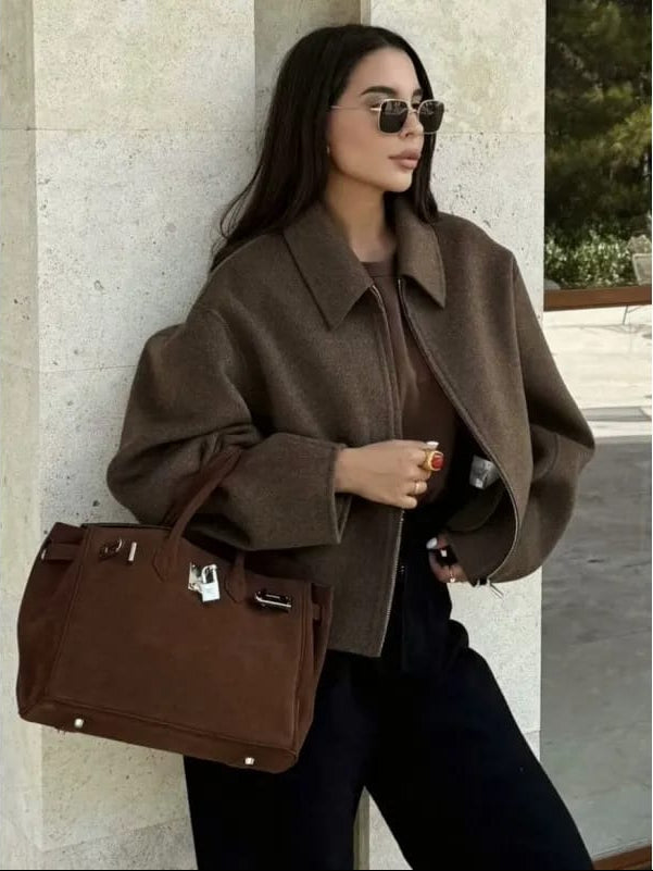 Oversized Collar Pattern Woolen Zipper Jacket FT444