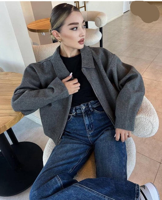 Oversized Collar Pattern Woolen Zipper Jacket FT444