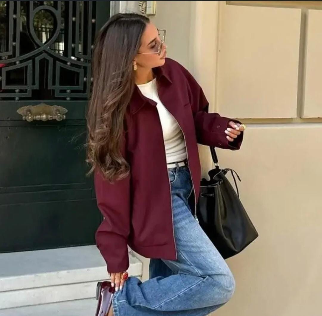 Oversized Collar Pattern Woolen Zipper Jacket FT444