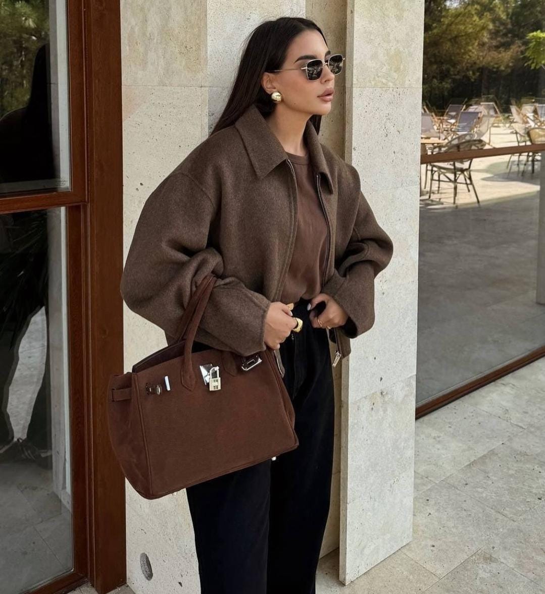 Oversized Collar Pattern Woolen Zipper Jacket FT444