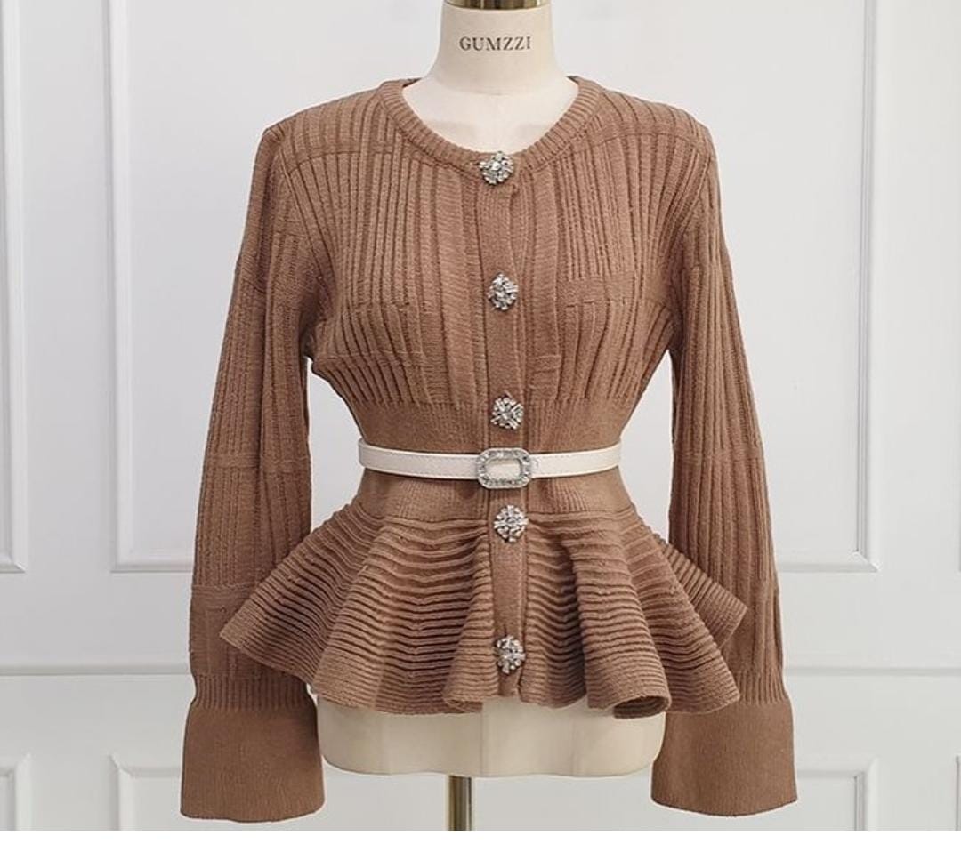 Peplum Studed Button Top With Belt FT445