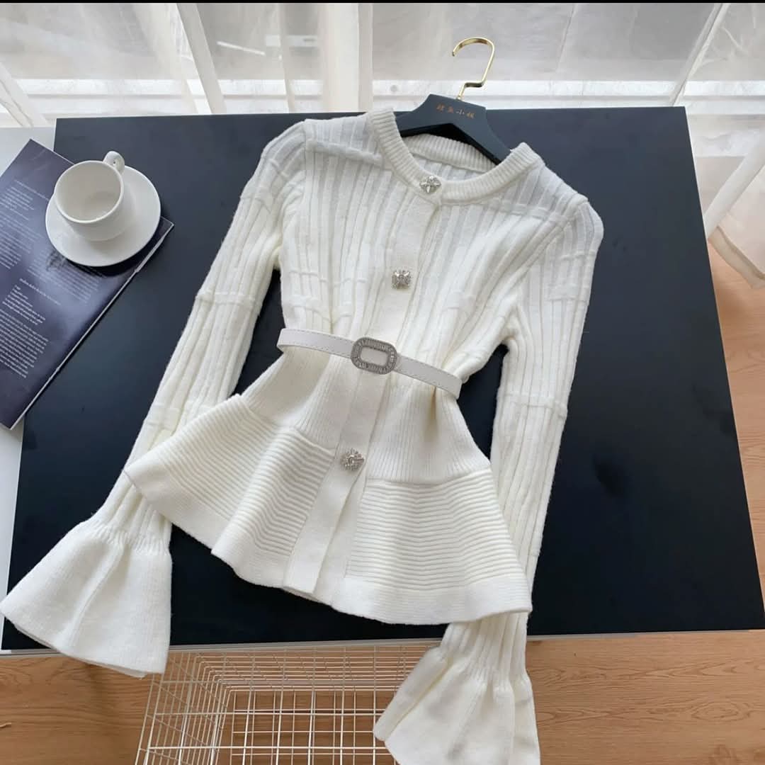 Peplum Studed Button Top With Belt FT445