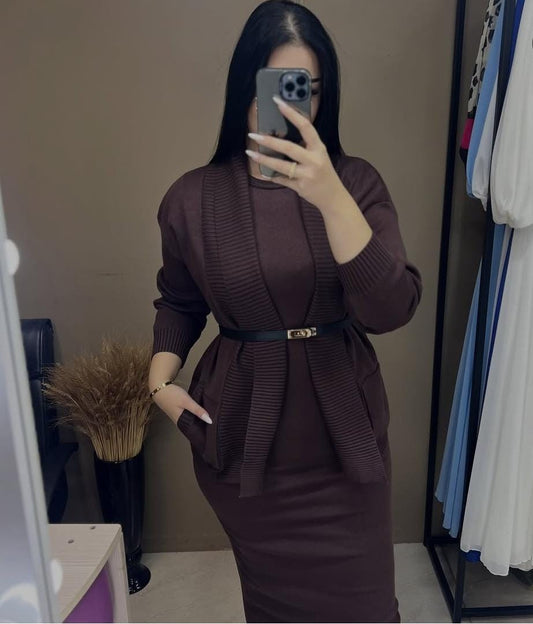 Elegant Woolen Dress with Belt FT454