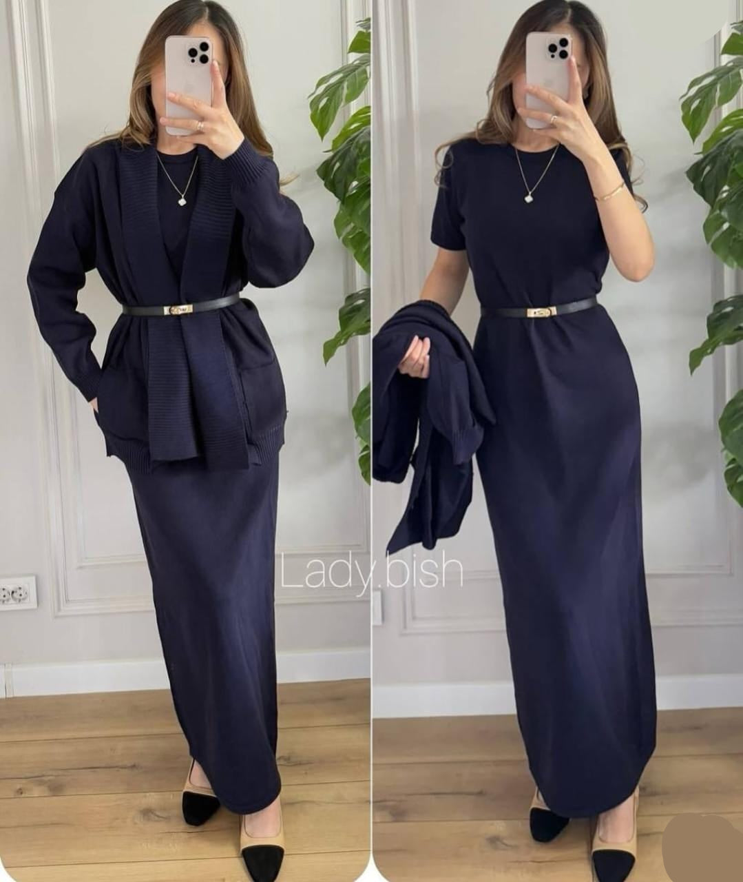 Elegant Woolen Dress with Belt FT454