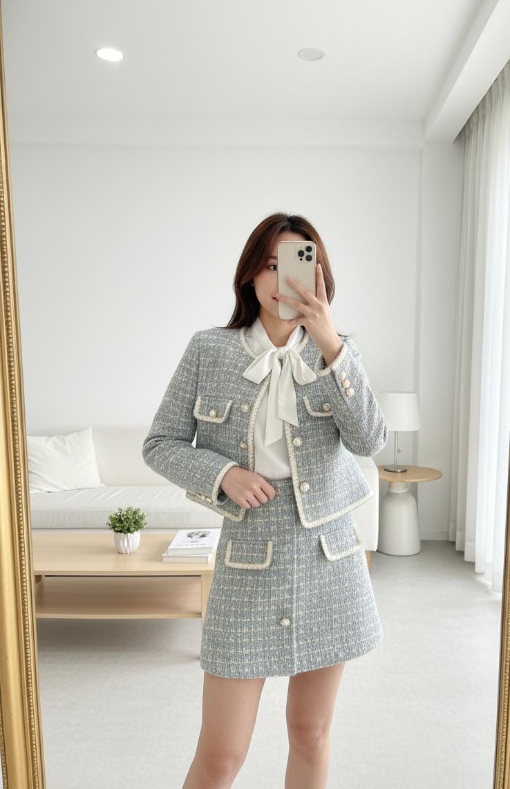 Luxe Tweed Skirt and Jacket Set with Pearl Buttons FT464