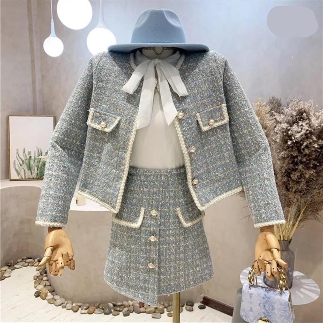Luxe Tweed Skirt and Jacket Set with Pearl Buttons FT464