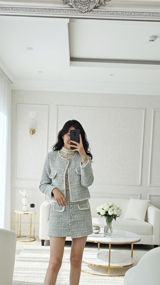 Luxe Tweed Skirt and Jacket Set with Pearl Buttons FT464