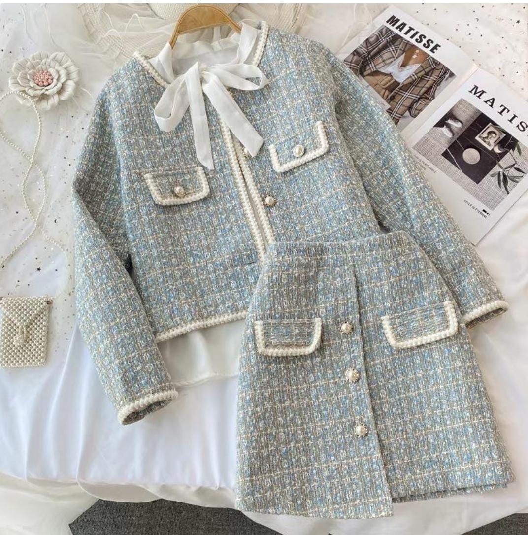Luxe Tweed Skirt and Jacket Set with Pearl Buttons FT464