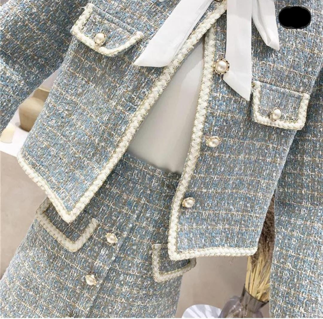 Luxe Tweed Skirt and Jacket Set with Pearl Buttons FT464