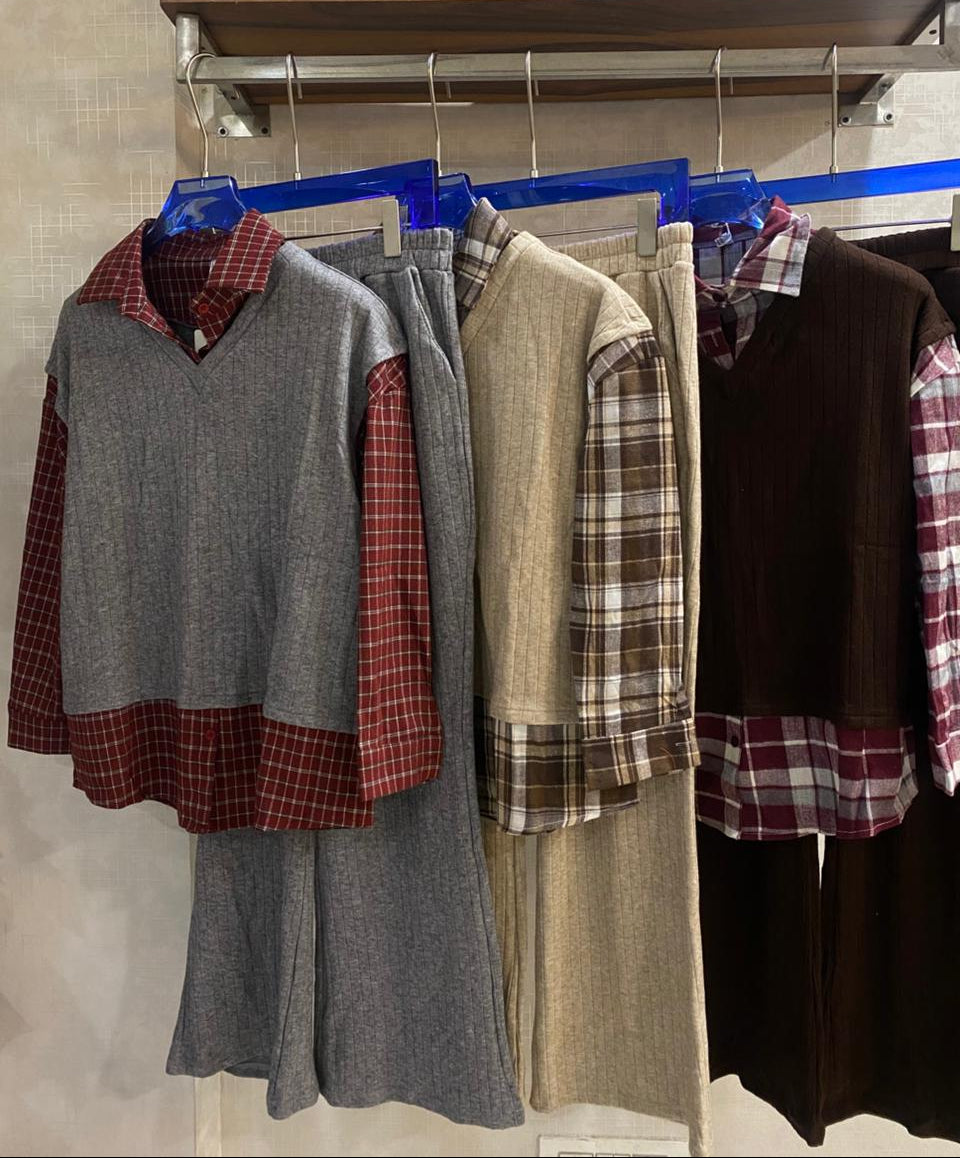 Ribbed & Plaid Coord Set FT473